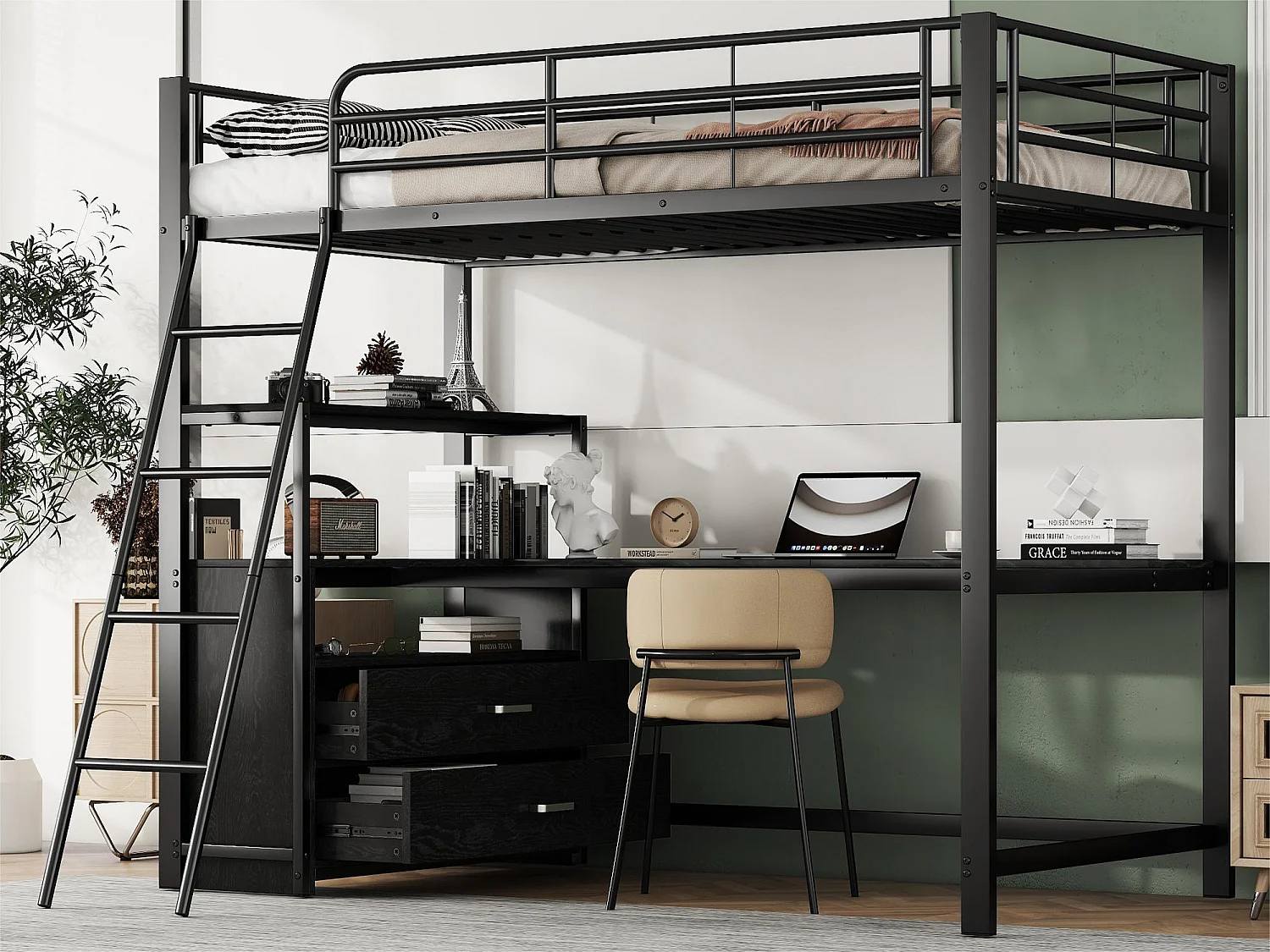 Lit mezzanine 90x200cm - bureau d'angle avec tiroirs - en MDF et métal - Noir