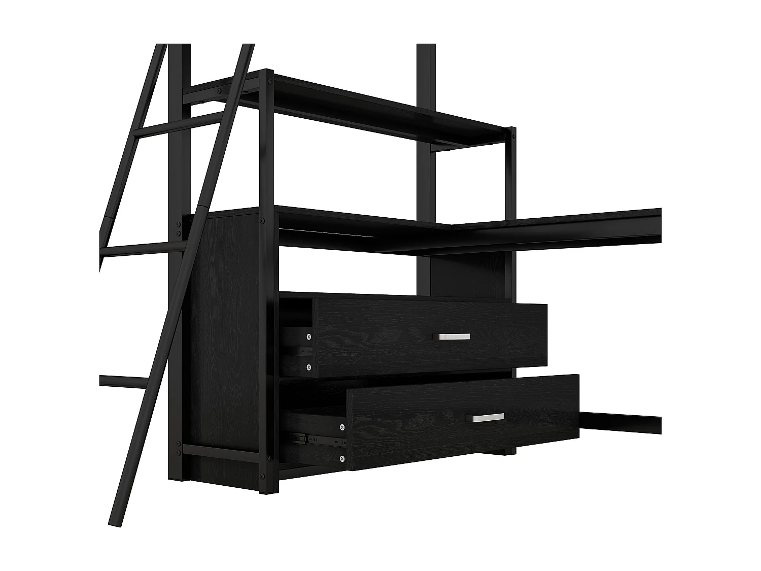 Lit mezzanine 90x200cm - bureau d'angle avec tiroirs - en MDF et métal - Noir