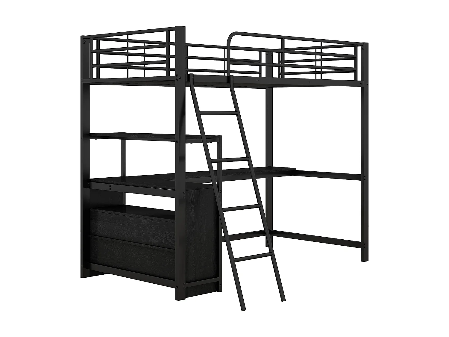 Lit mezzanine 90x200cm - bureau d'angle avec tiroirs - en MDF et métal - Noir