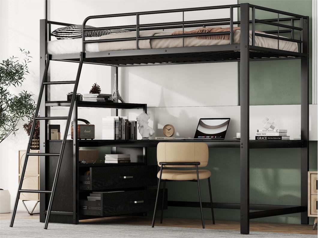 Mezzaninebed 90x200cm - hoekbureau met lades - in MDF en metaal - Zwart