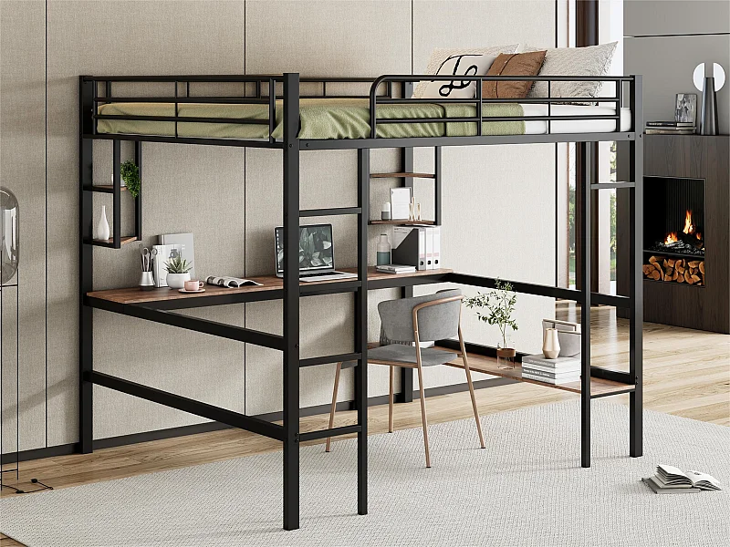 Cama entrepiso de hierro - 140x200 cm - con escritorio y 5 estantes - Negro