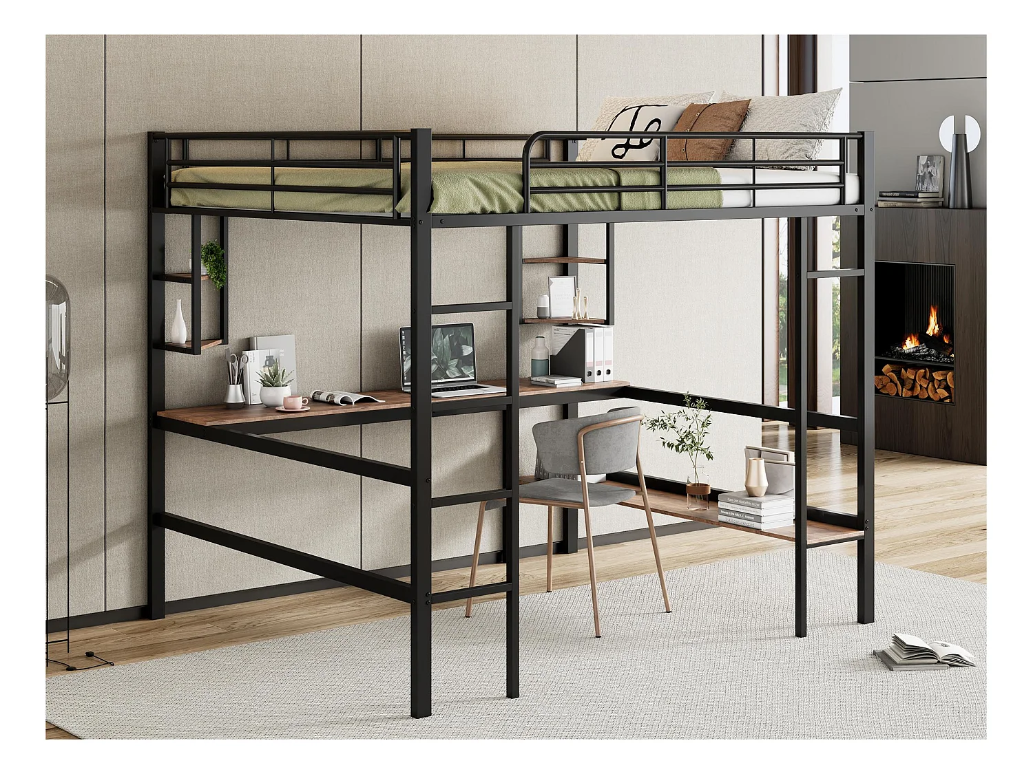 Łóżko mezzanine metalowe - 140x200cm - z biurkiem i 5 półkami - Czarne