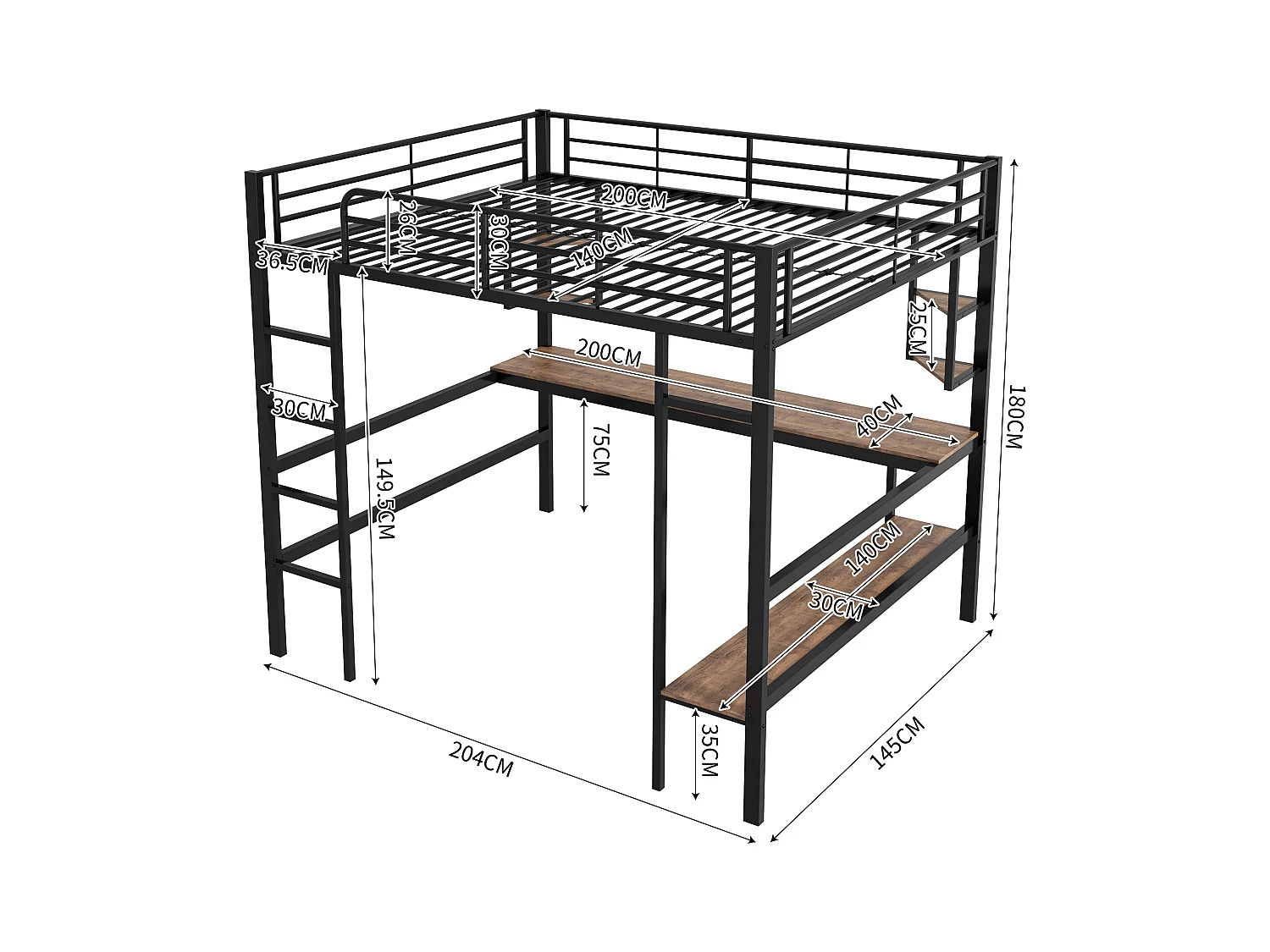 Hochbett aus Eisen – 140 x 200 cm – mit Schreibtisch und 5 Regalen – Schwarz