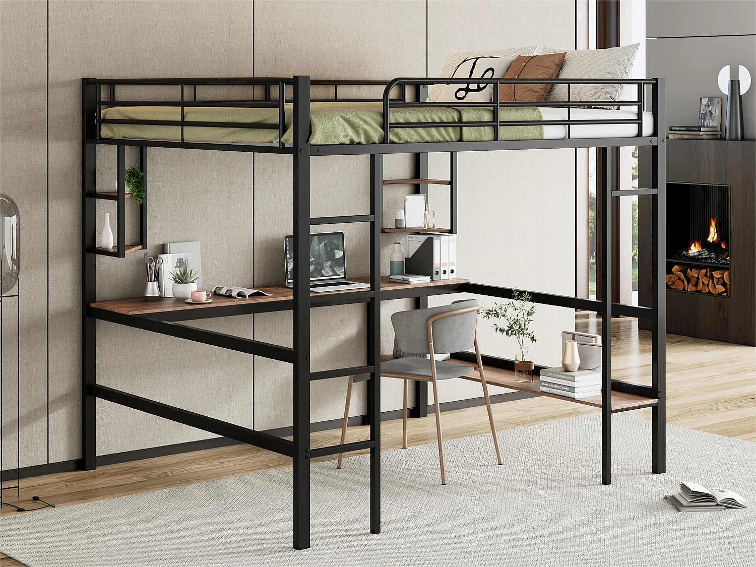 Cama mezanino em ferro - 140x200cm - com secretária e 5 prateleiras - Preto