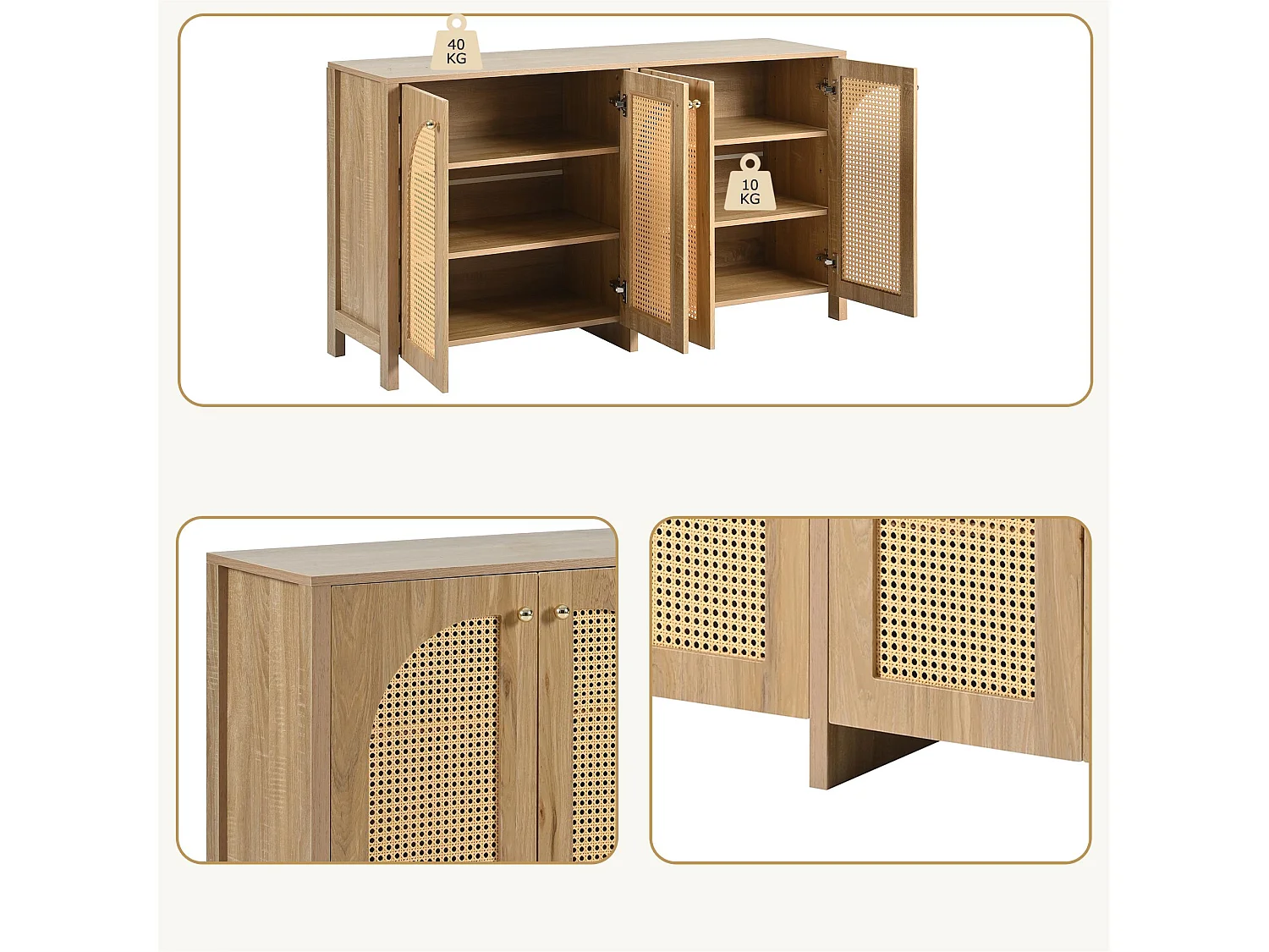 Buffet moderne avec étagères réglables - portes en rotin - MDF - Naturel
