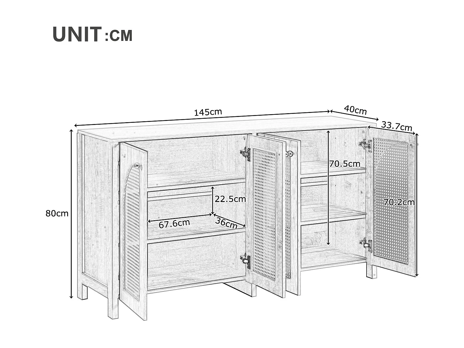 Buffet moderne avec étagères réglables - portes en rotin - MDF - Naturel