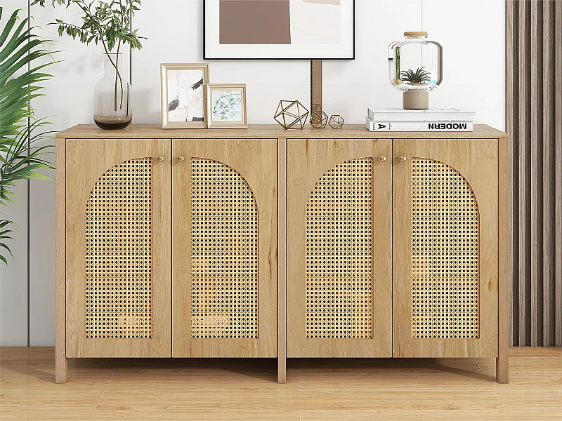 Buffet moderne avec étagères réglables - portes en rotin - MDF - Naturel