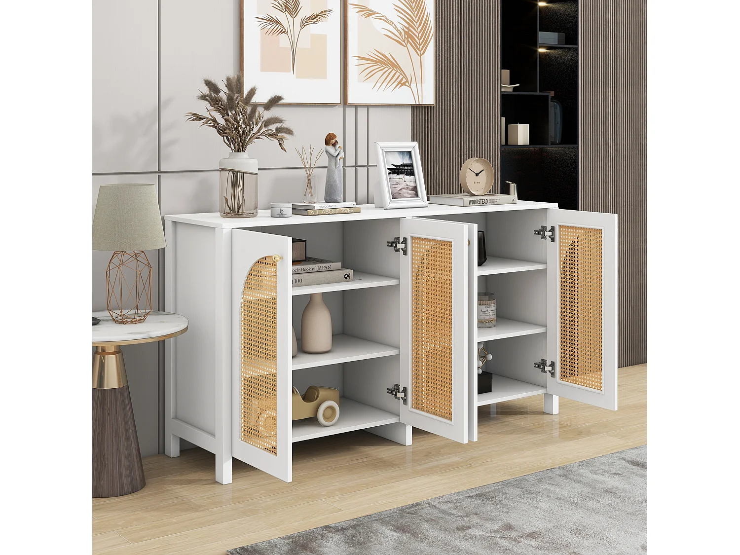 Buffet moderne avec étagères réglables - portes en rotin - MDF - Blanc