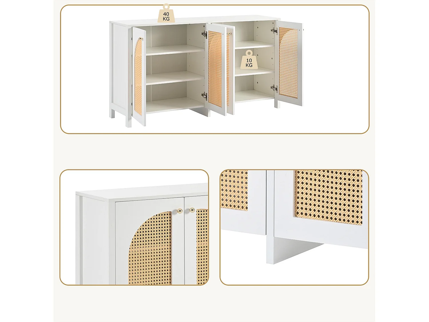 Buffet moderne avec étagères réglables - portes en rotin - MDF - Blanc