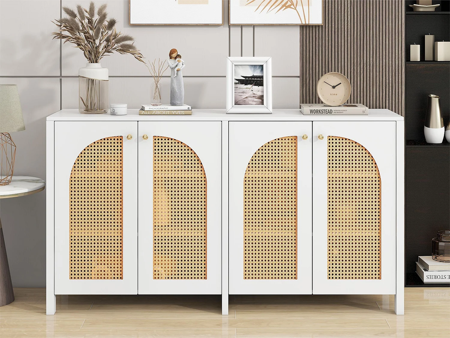 Modernes Sideboard mit verstellbaren Regalen – Rattantüren – MDF – Weiß