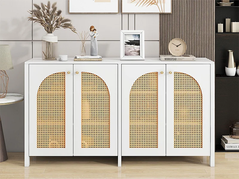 Buffet moderne avec étagères réglables - portes en rotin - MDF - Blanc