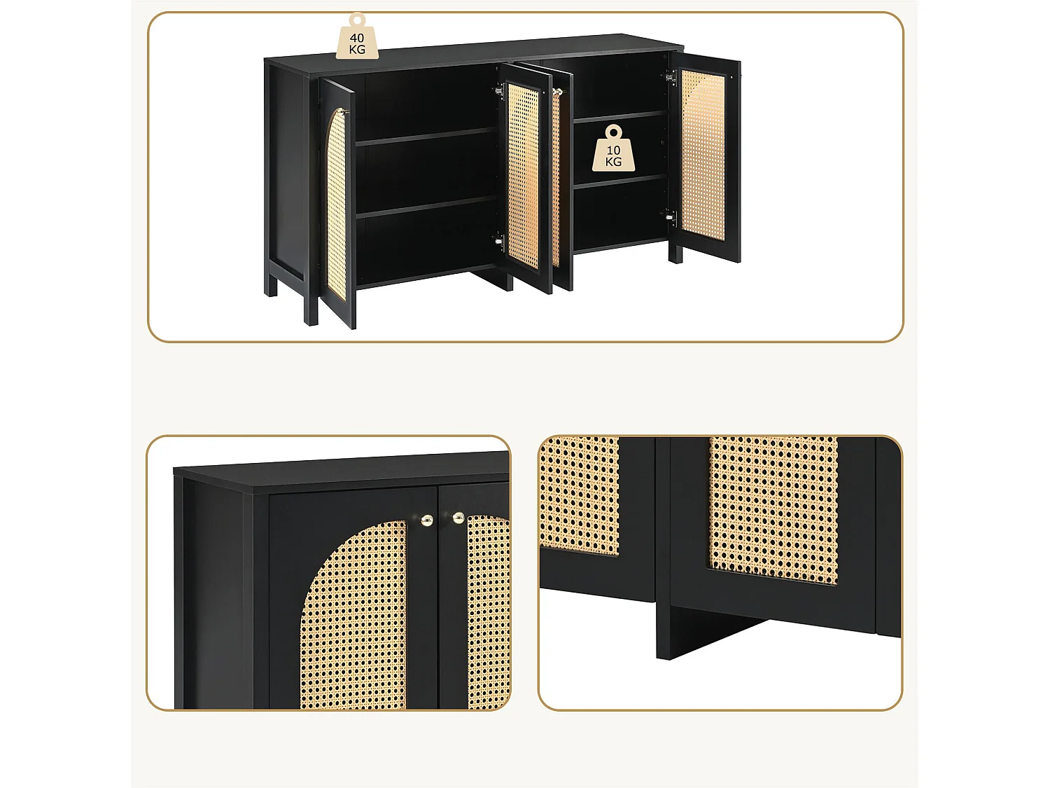 Buffet moderne avec étagères réglables - portes en rotin - MDF - Noir