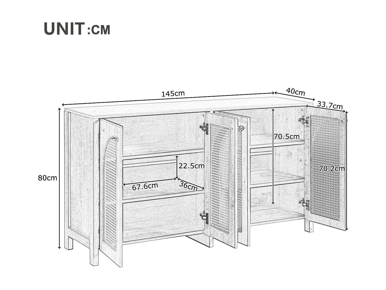 Buffet moderne avec étagères réglables - portes en rotin - MDF - Noir