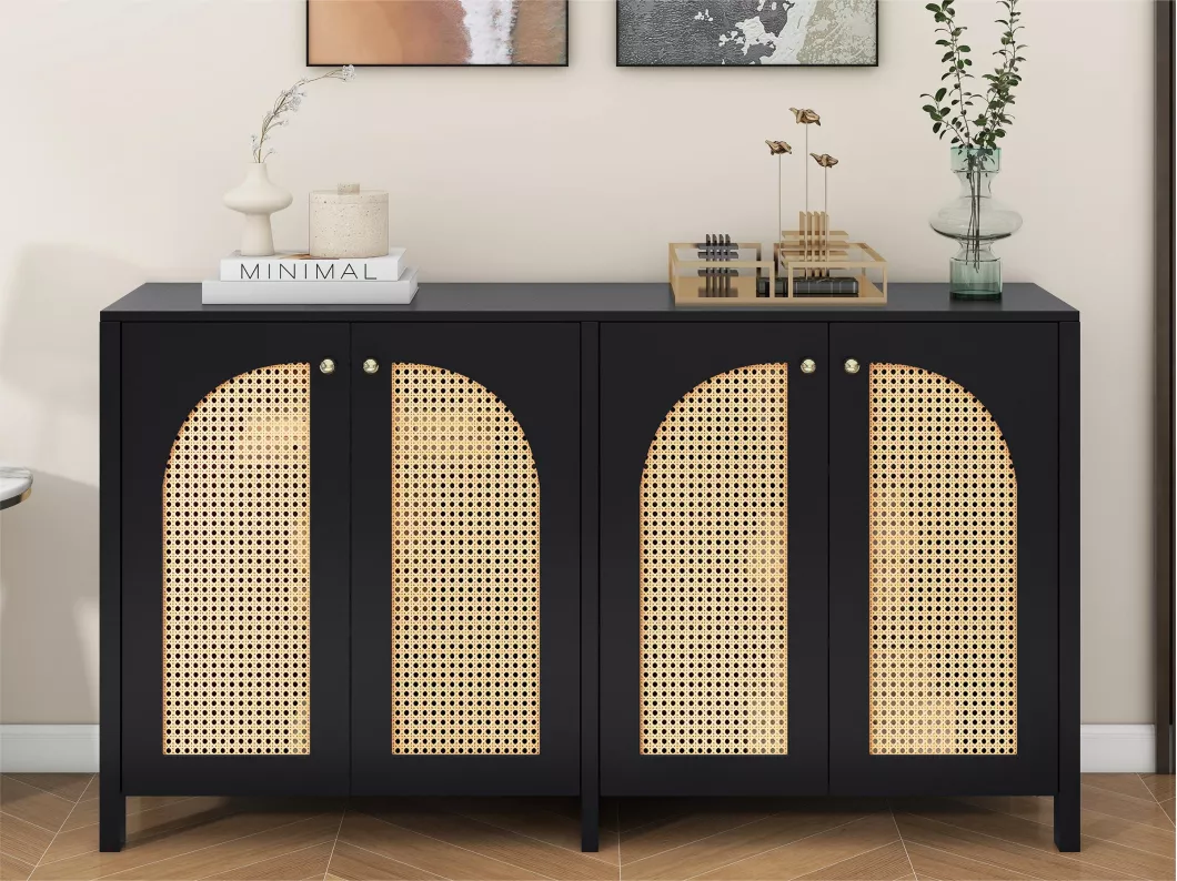 Kauf Unique Modernes Sideboard mit verstellbaren Regalen – Rattantüren – MDF – Schwarz