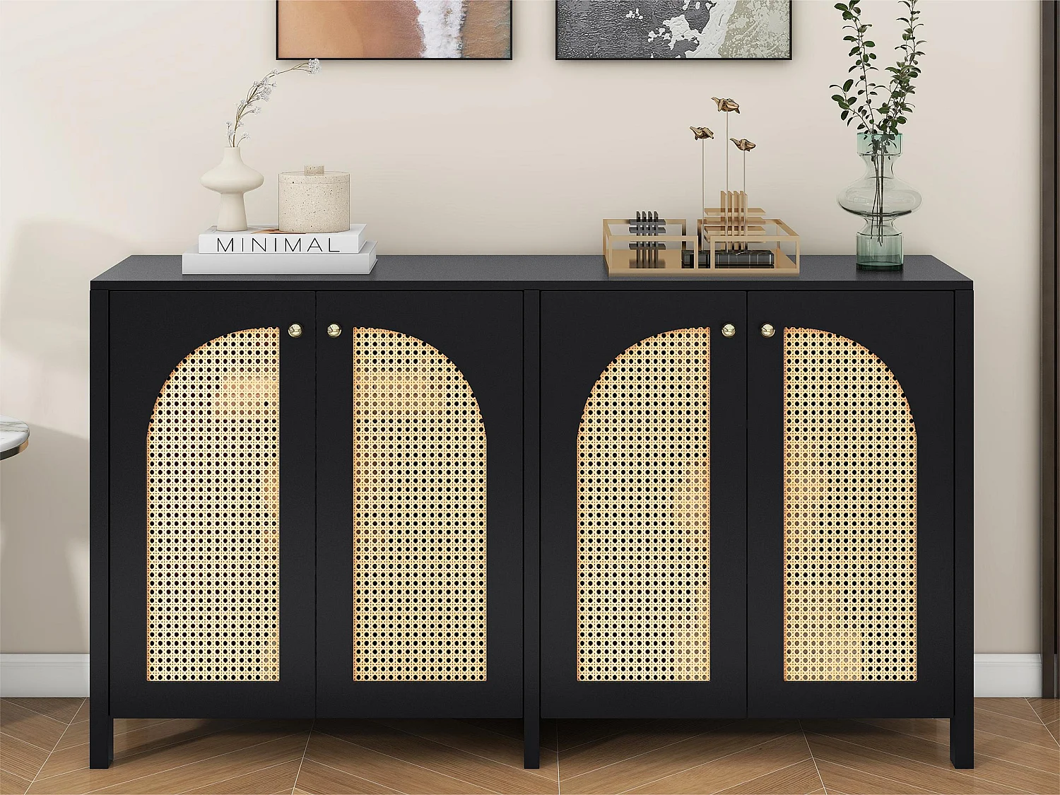 Buffet moderne avec étagères réglables - portes en rotin - MDF - Noir