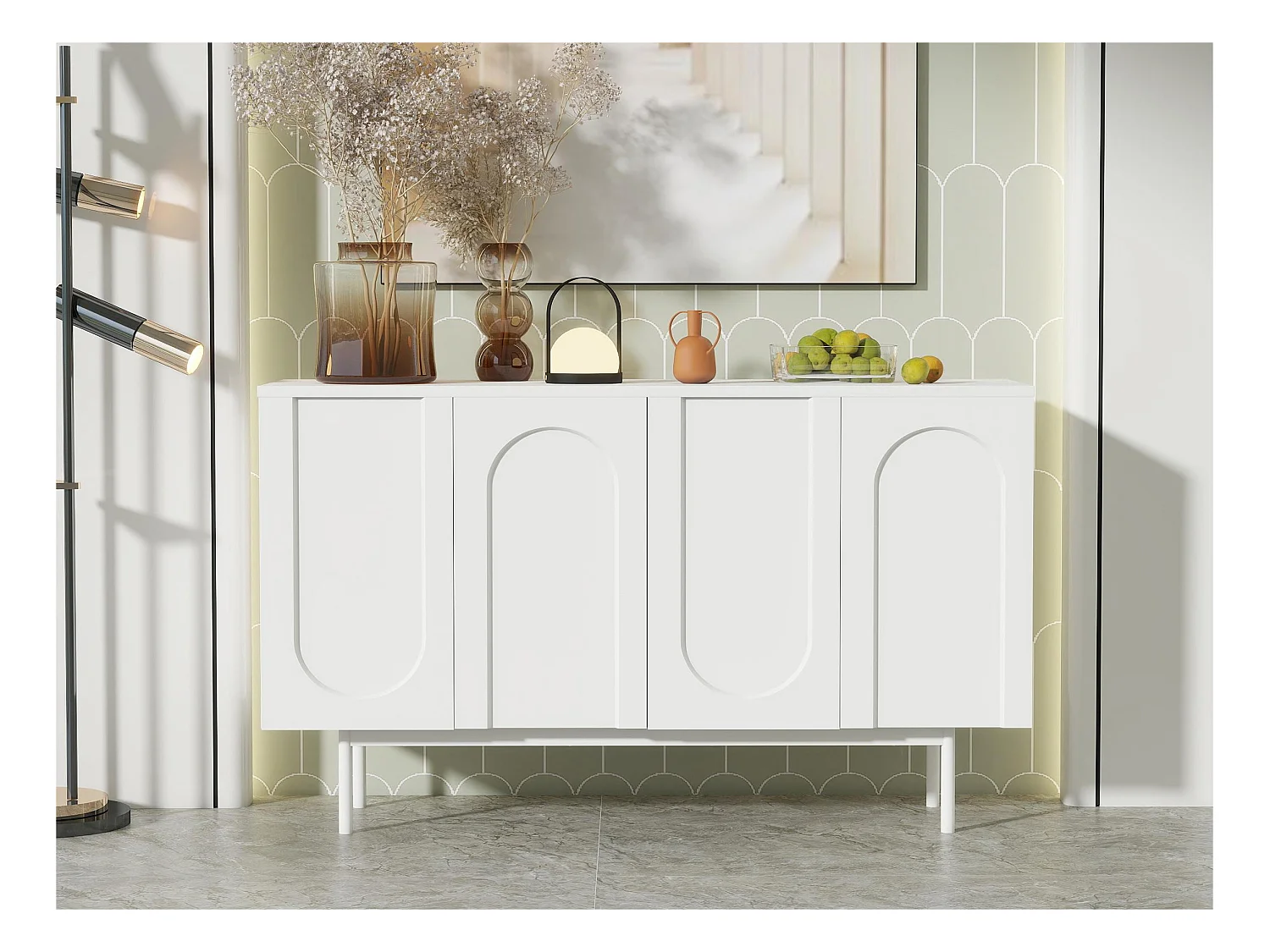 Buffet moderne avec étagères réglables - portes à motif d'arc - MDF - Blanc