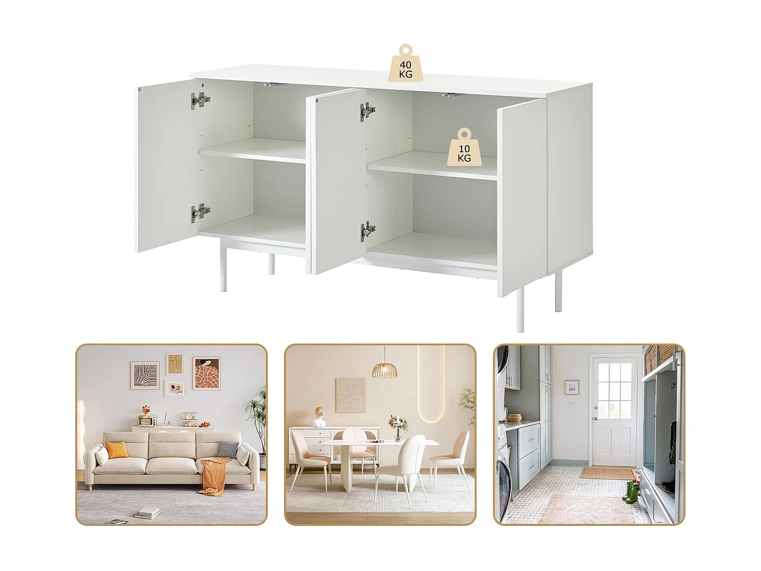 Credenza moderna con ripiani regolabili - ante con motivo ad arco - MDF - Bianco