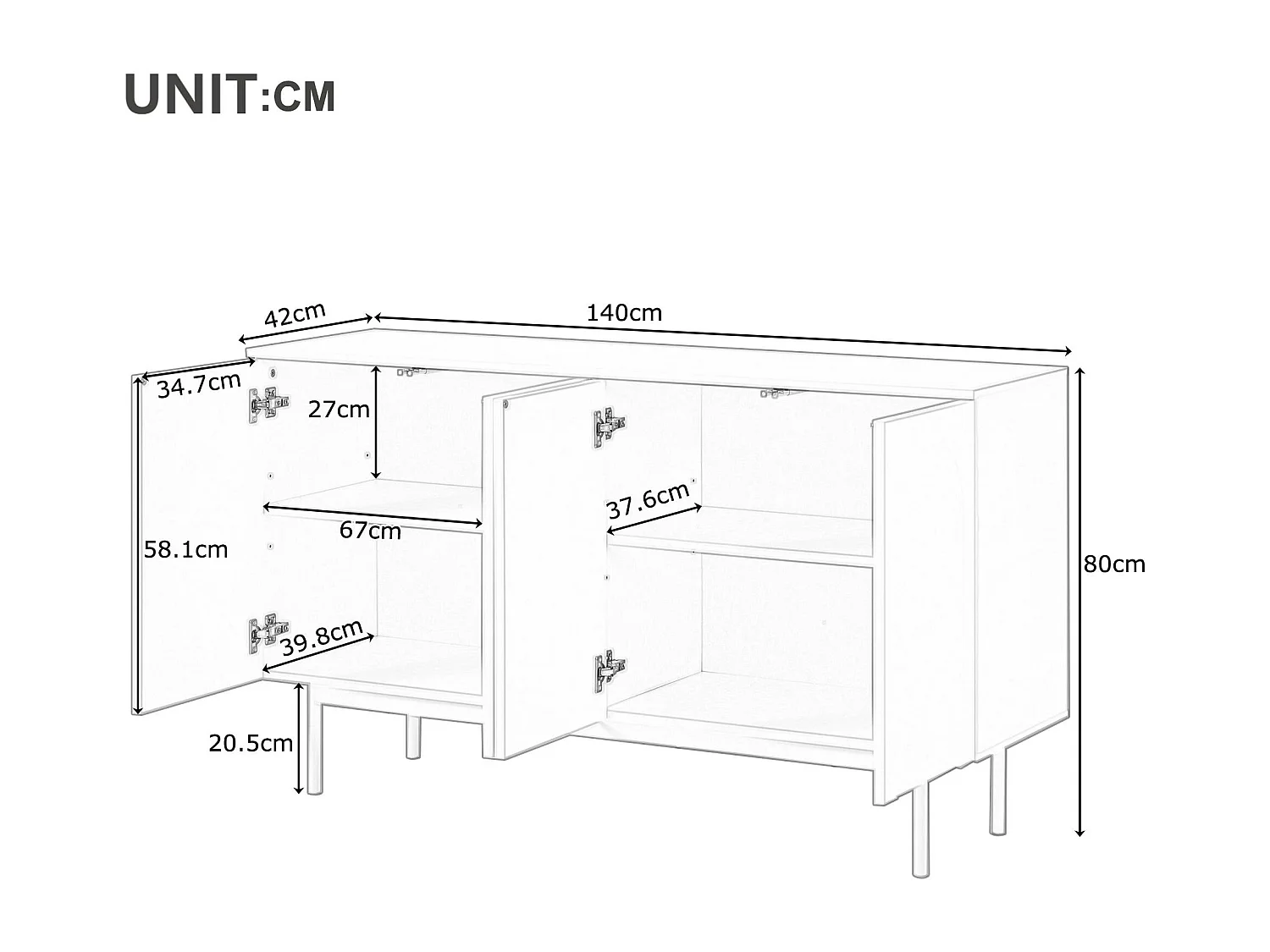 Credenza moderna con ripiani regolabili - ante con motivo ad arco - MDF - Bianco
