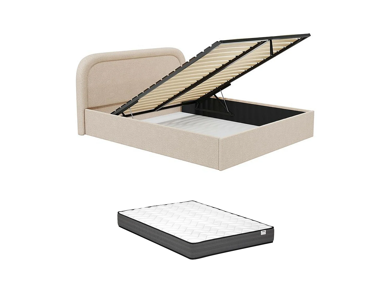 Lit coffre 200 x 200 cm - Tissu bouclette - Beige + Matelas - FIREZA