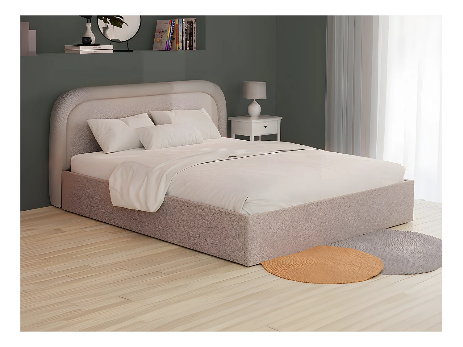 Lit coffre 200 x 200 cm - Tissu bouclette - Beige + Matelas - FIREZA
