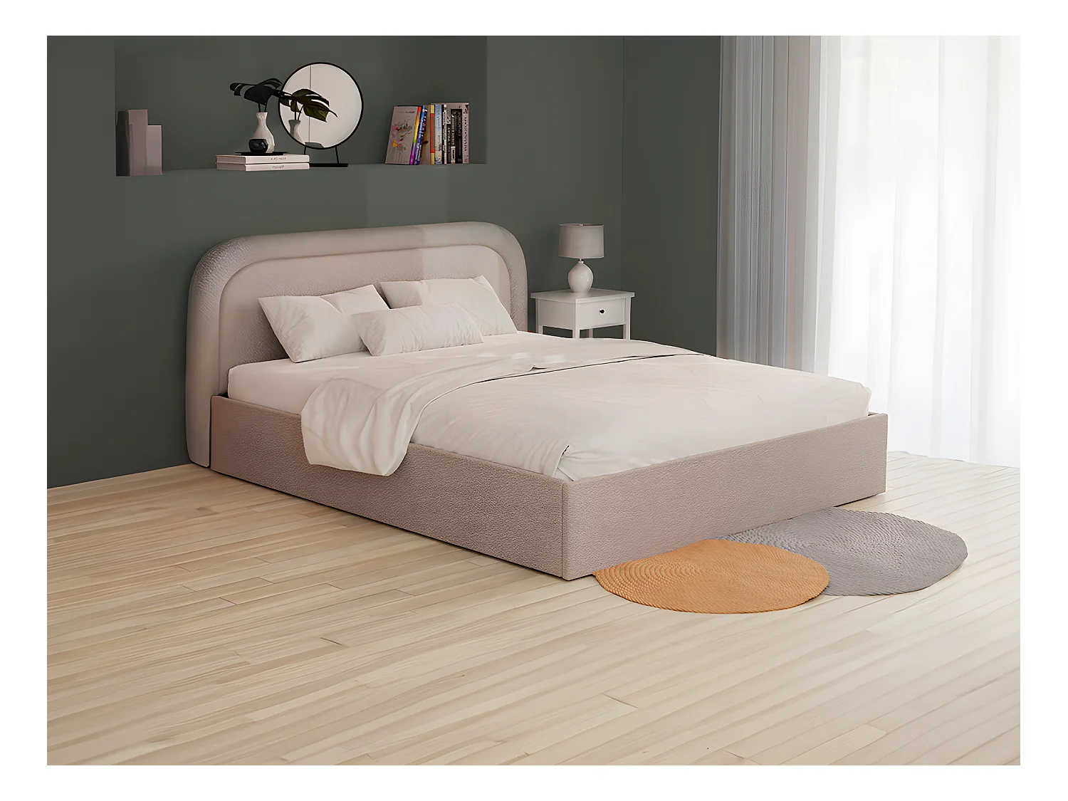 Lit coffre 200 x 200 cm - Tissu bouclette - Beige + Matelas - FIREZA
