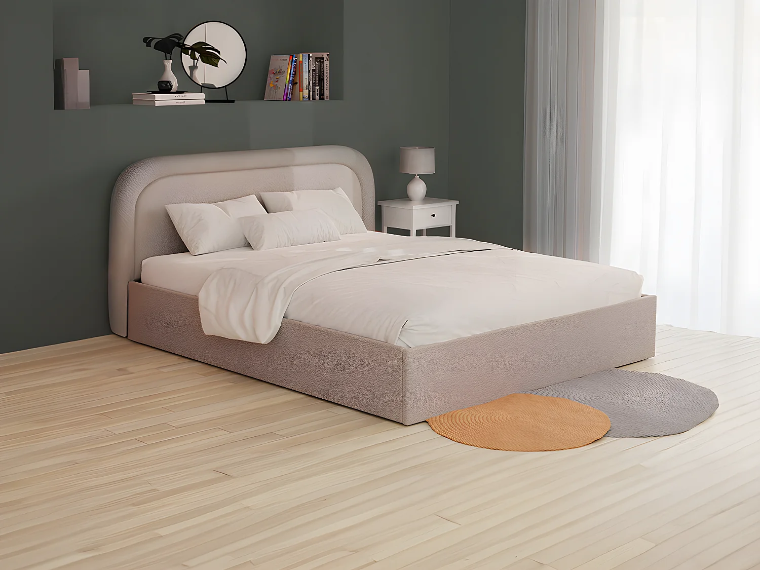 Canapé abatible 200 x 200 cm - Tela rizada - Beige + Colchón - FIREZA