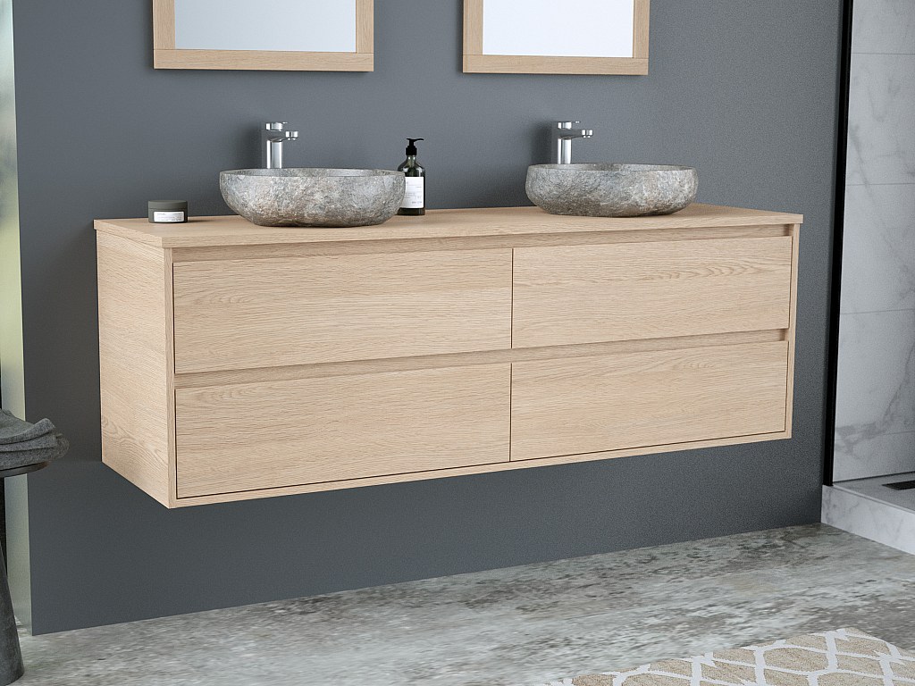 Waschbeckenunterschrank mit Doppelaufsatzwaschtisch aus Stein & Spiegel - Eichenfurnier - 150 cm - MILIPAM