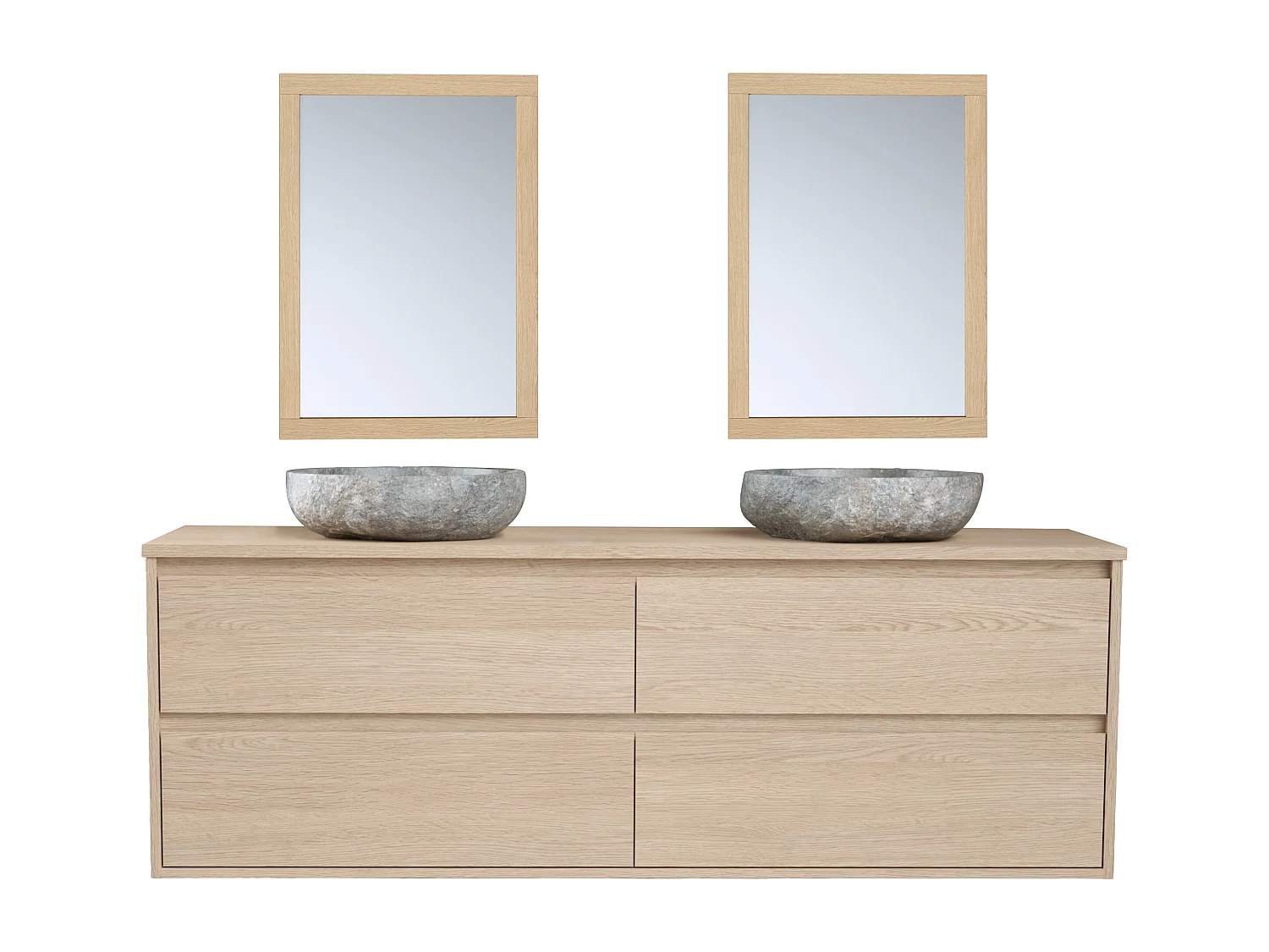 Meuble de salle de bain avec double vasque à poser en pierre et miroir - Placage chêne - 150 cm - MILIPAM