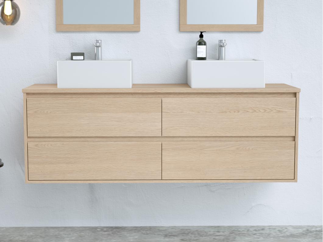 Mueble de baño con doble lavabo de cerámica y espejo - Chapado en roble - 150 cm - MILIPAM