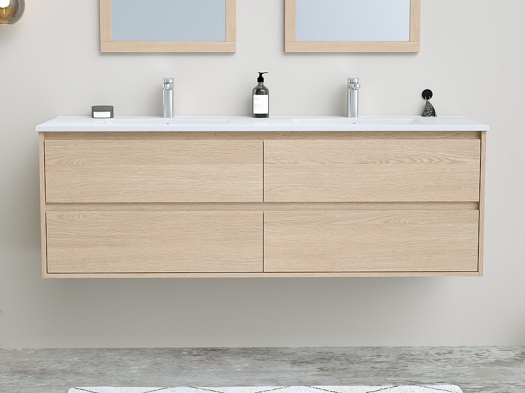 Waschbeckenunterschrank mit Einbauwaschbecken & Spiegel - Eichenfurnier - 150 cm - MILIPAM