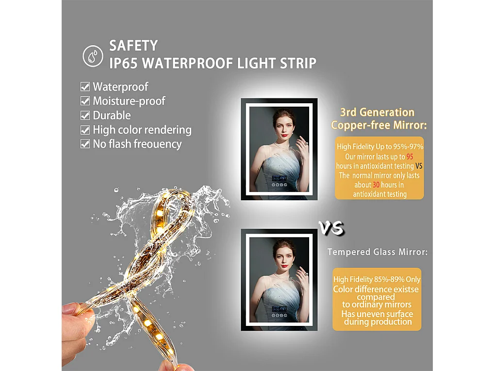 Rechthoekige verlichte badkamerspiegel met dimbare LED en 4 aanraakgevoelige knoppen - anti-condens - 80x60cm