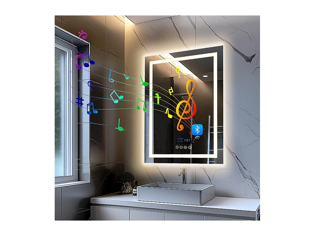 Miroir de salle de bain lumineux rectangulaire avec LED à luminosité variable et 4 touche sensitive - anti buée - 80x60cm