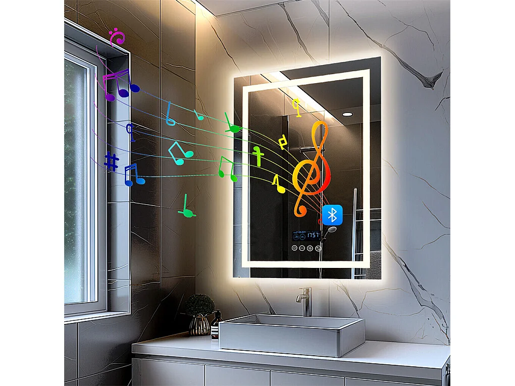 Espejo de baño rectangular iluminado con LED regulable y 4 botones táctiles - antivaho - 80x60cm