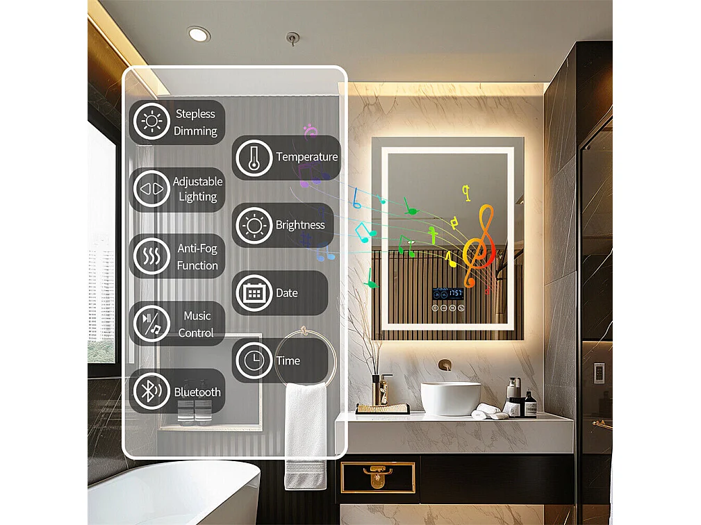 Espejo de baño rectangular iluminado con LED regulable y 4 botones táctiles - antivaho - 80x60cm