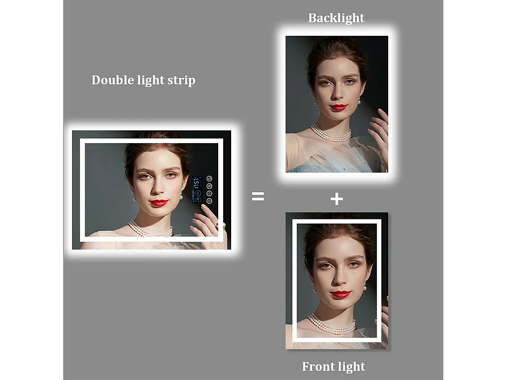 Espejo de baño rectangular iluminado con LED regulable y 4 botones táctiles - antivaho - 80x60cm