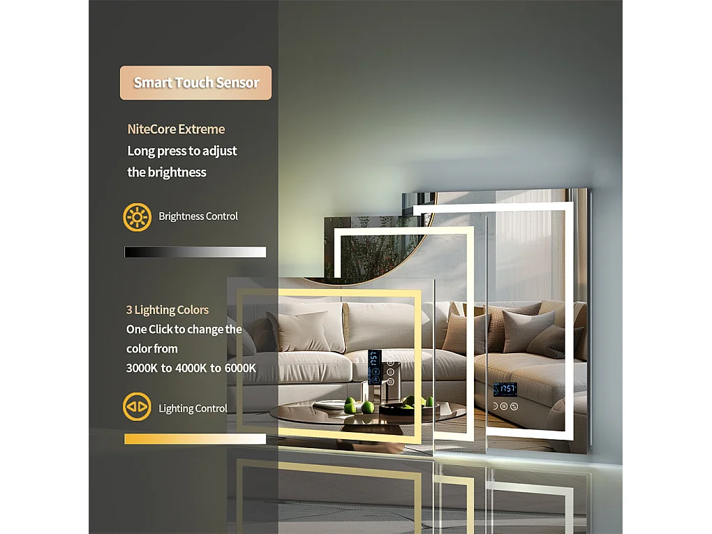 Espejo de baño rectangular iluminado con LED regulable y 4 botones táctiles - antivaho - 80x60cm