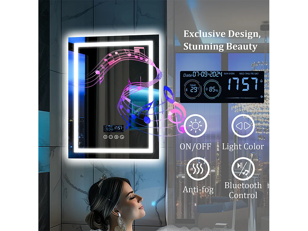 Espejo de baño rectangular iluminado con LED regulable y 4 botones táctiles - antivaho - 80x60cm