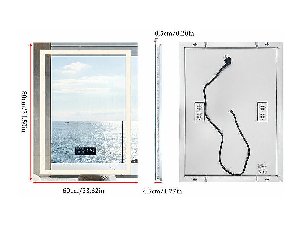 Espejo de baño rectangular iluminado con LED regulable y 4 botones táctiles - antivaho - 80x60cm