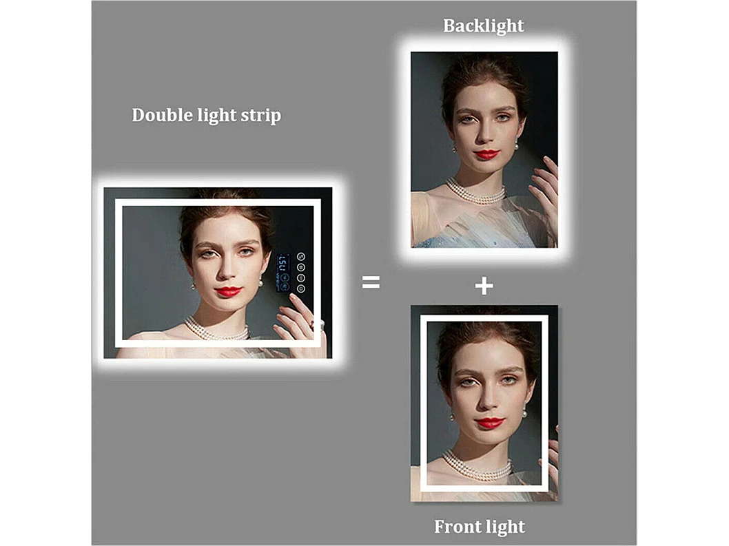 Rechthoekige verlichte badkamerspiegel met dimbare LED en 4 aanraakgevoelige knoppen - anti-condens - 90x70cm