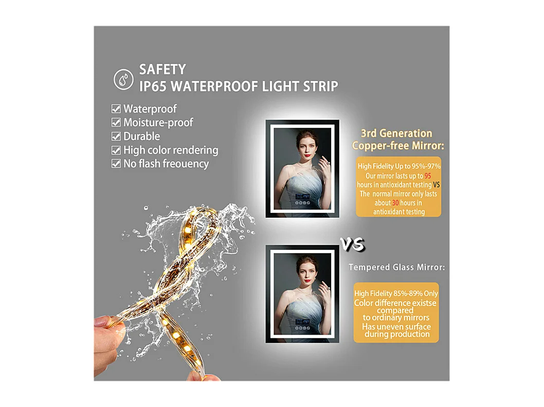 Rechthoekige verlichte badkamerspiegel met dimbare LED en 4 aanraakgevoelige knoppen - anti-condens - 90x70cm