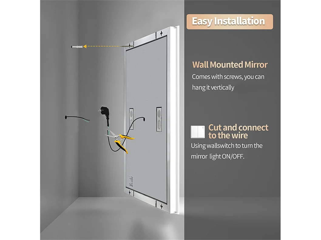 Rechthoekige verlichte badkamerspiegel met dimbare LED en 4 aanraakgevoelige knoppen - anti-condens - 90x70cm