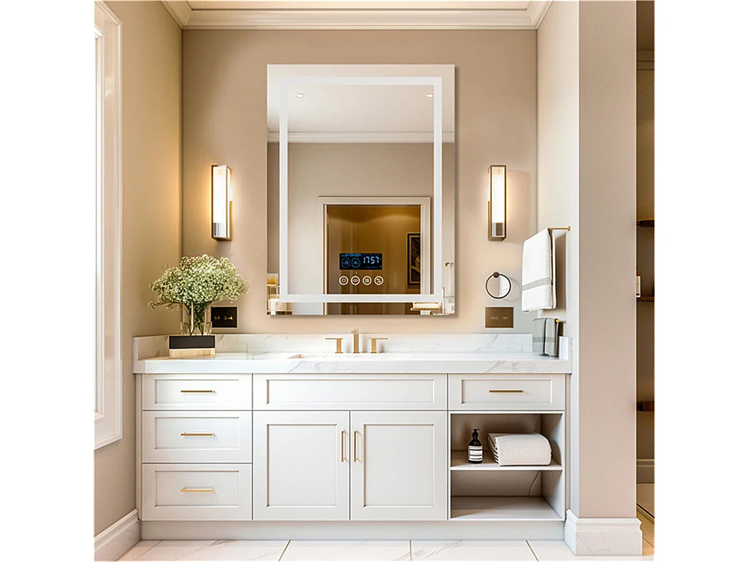 Rechthoekige verlichte badkamerspiegel met dimbare LED en 4 aanraakgevoelige knoppen - anti-condens - 90x70cm