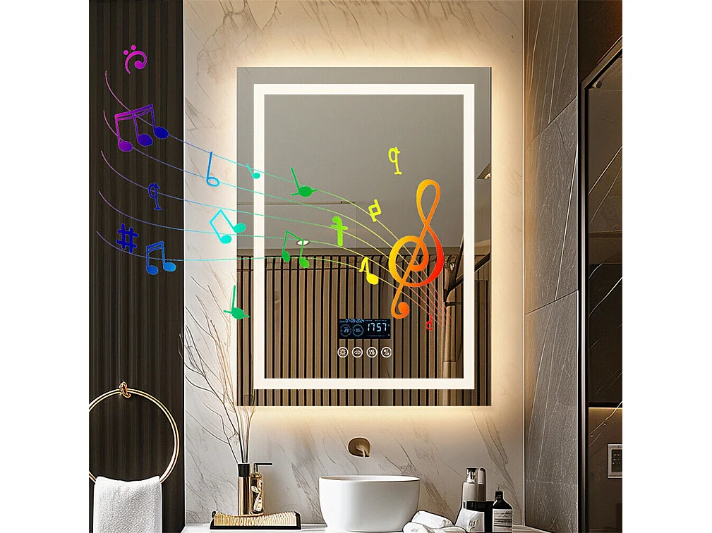 Miroir de salle de bain lumineux rectangulaire avec LED à luminosité variable et 4 touche sensitive - anti buée - 90x70cm