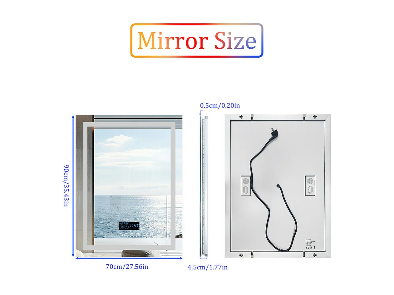 Miroir de salle de bain lumineux rectangulaire avec LED à luminosité variable et 4 touche sensitive - anti buée - 90x70cm