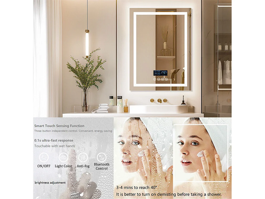 Miroir de salle de bain lumineux rectangulaire avec LED à luminosité variable et 4 touche sensitive - anti buée - 90x70cm