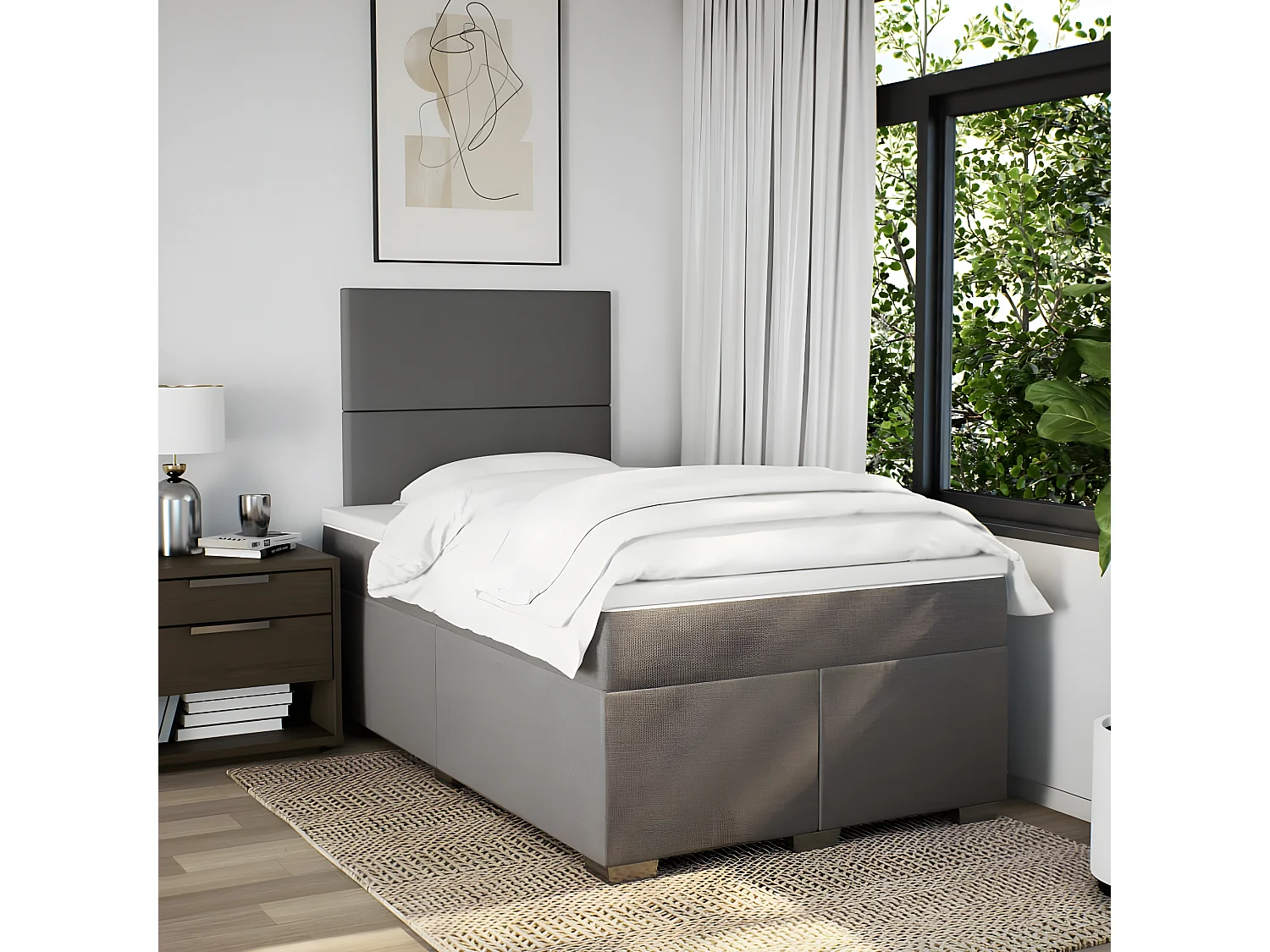 Cama box spring con colchón tela gris taupe 120x200 cm