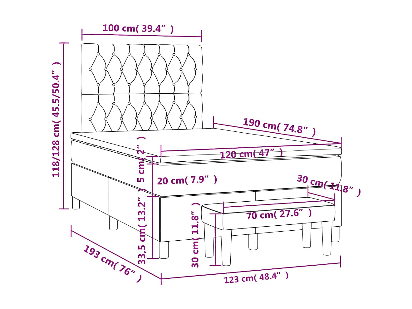 Cama box spring con colchón tela marrón oscuro 120x190 cm