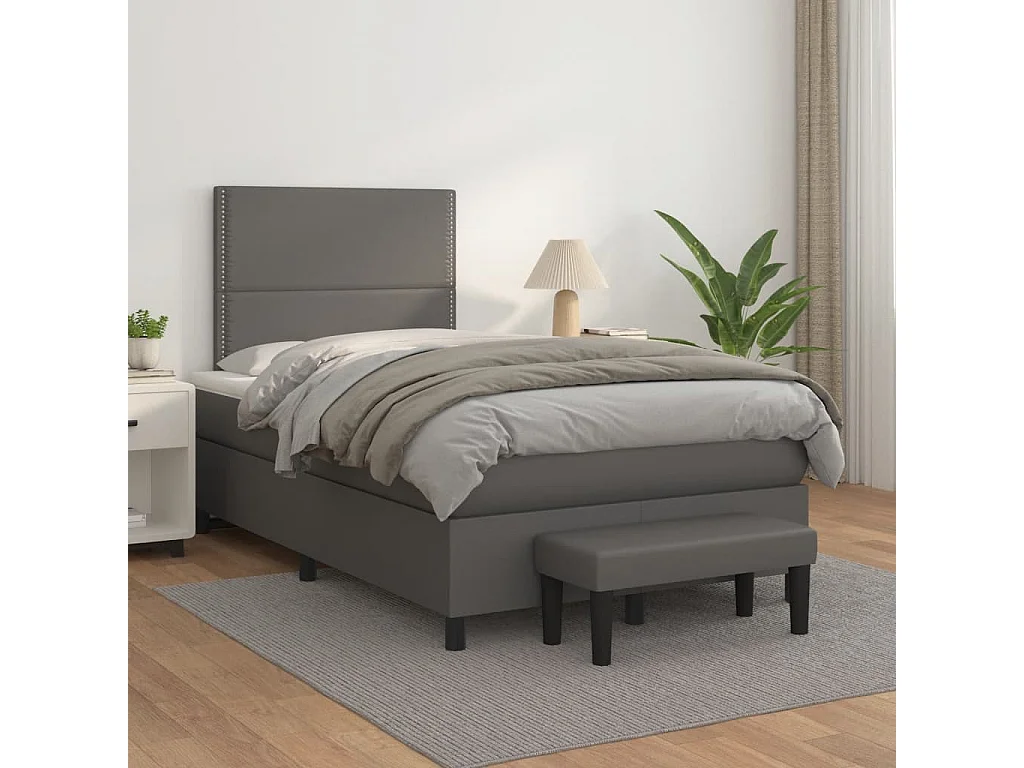 Cama box spring con colchón cuero sintético gris 120x190 cm