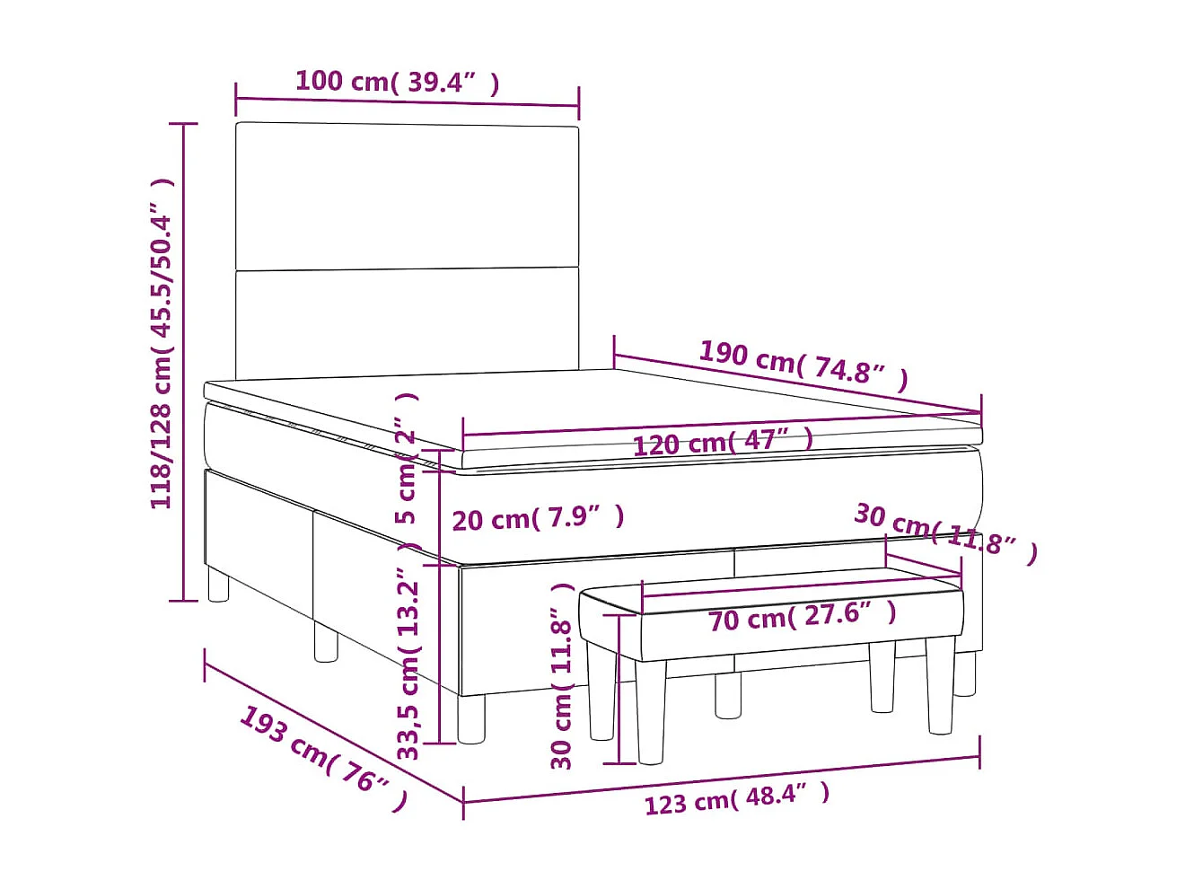 Cama box spring con colchón terciopelo azul oscuro 120x190 cm