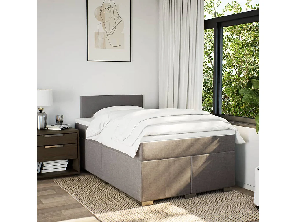 Cama box spring con colchón tela gris taupe 120x200 cm